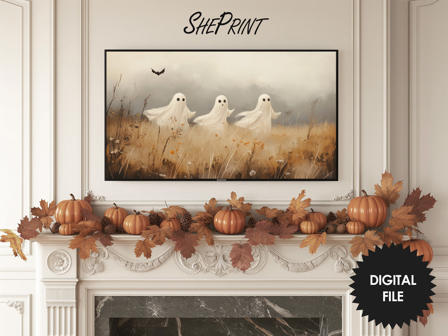 Samsung Frame TV Art | Three Ghosts In The Field Painting | Halloween TV Art preview in living room