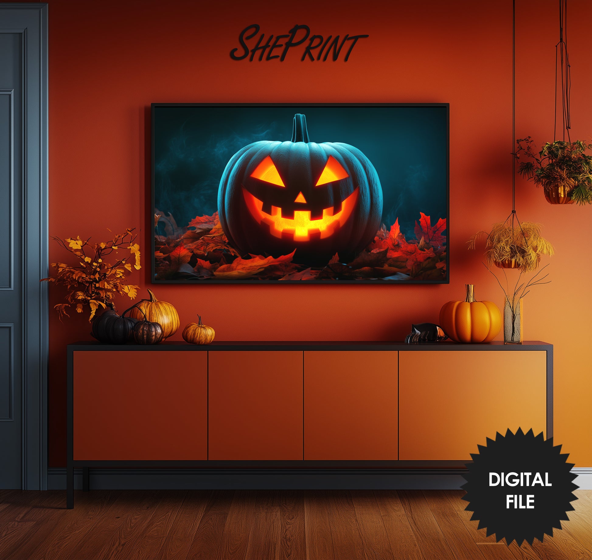 Samsung Frame TV Art, Giant Halloween Pumpkin preview in Halloween styled room