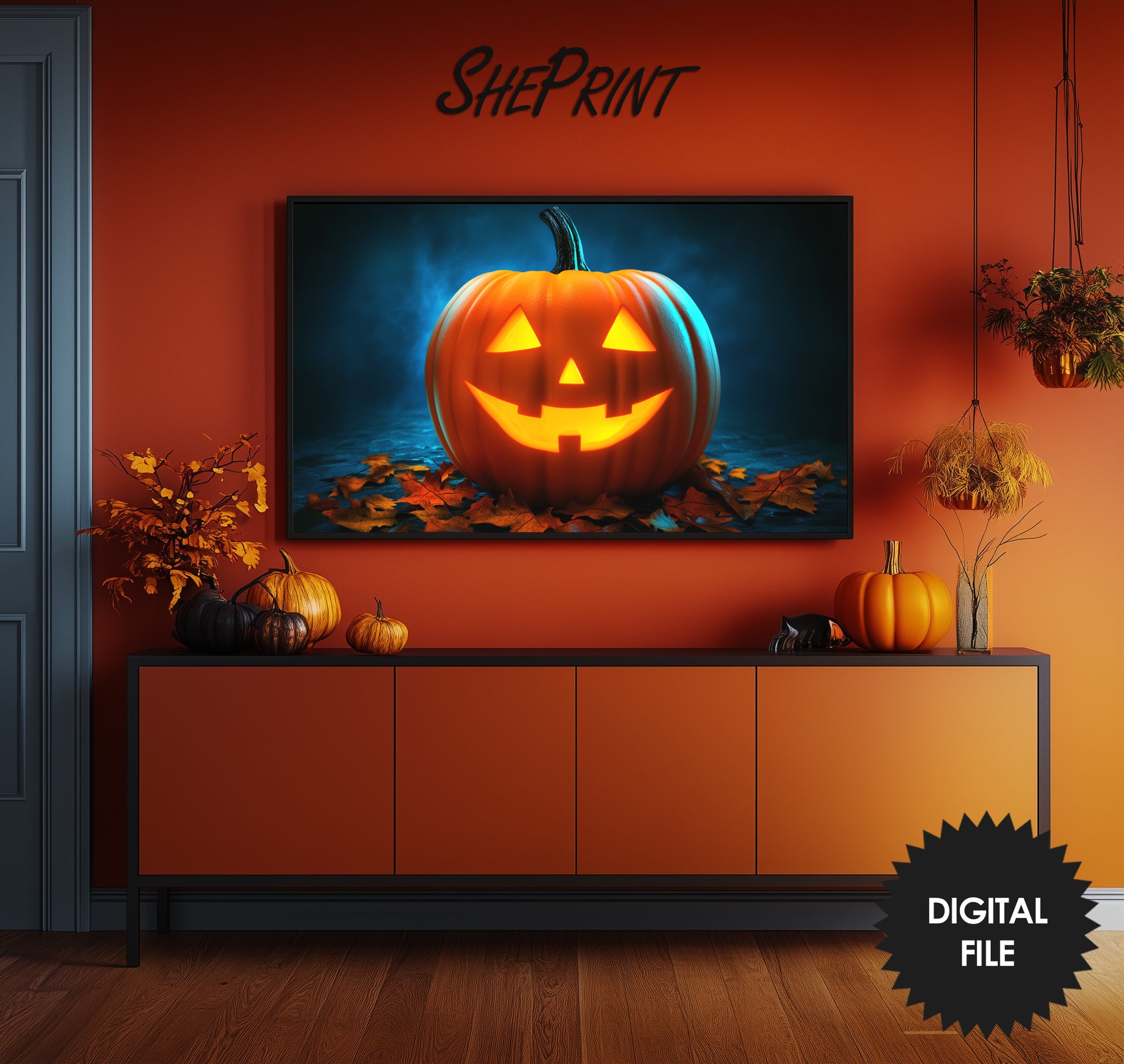 Samsung Frame TV Art, Giant Orange Halloween Pumpkin peview in Halloween styled room