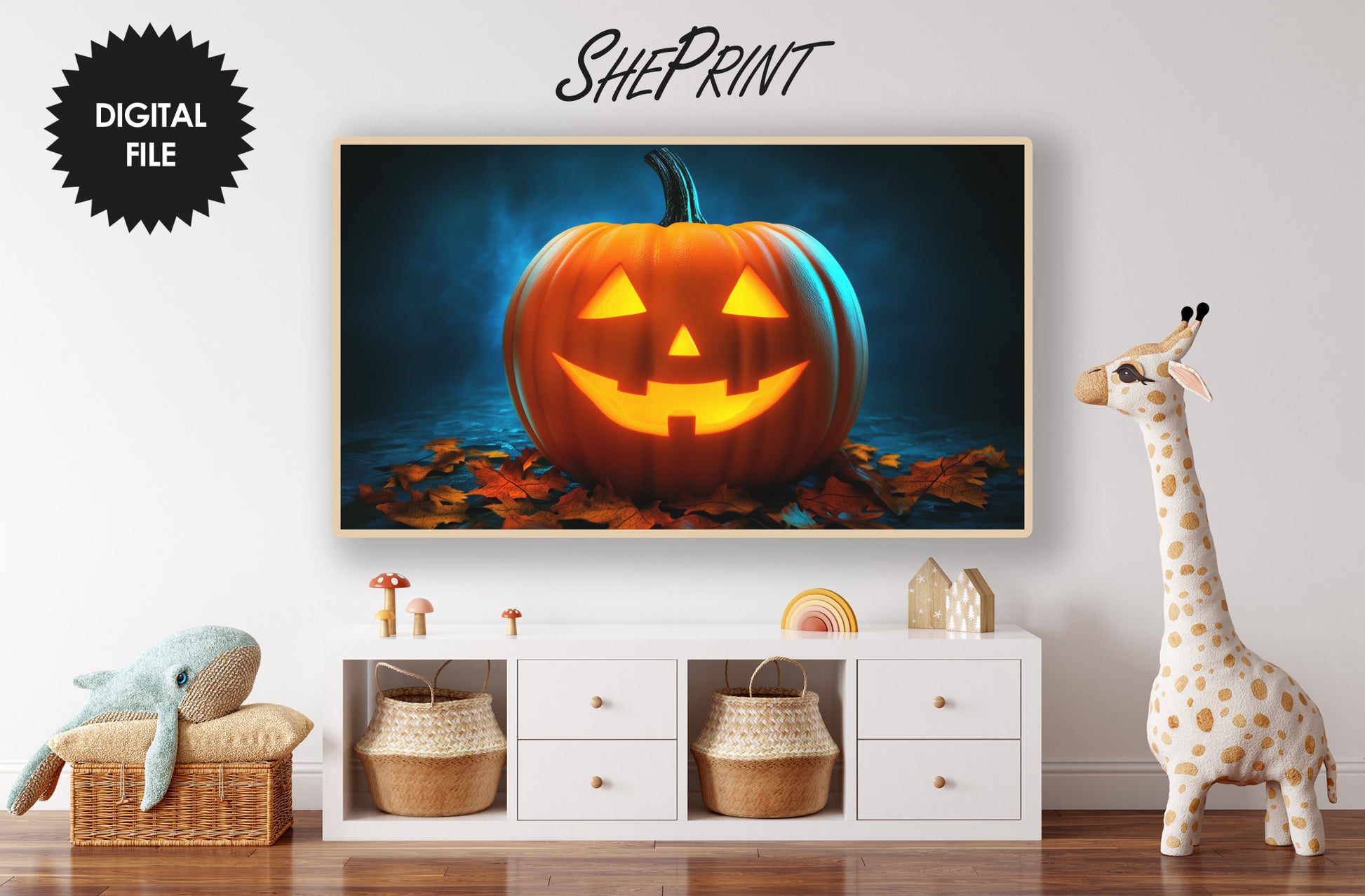 Samsung Frame TV Art, Giant Orange Halloween Pumpkin preview in kids room