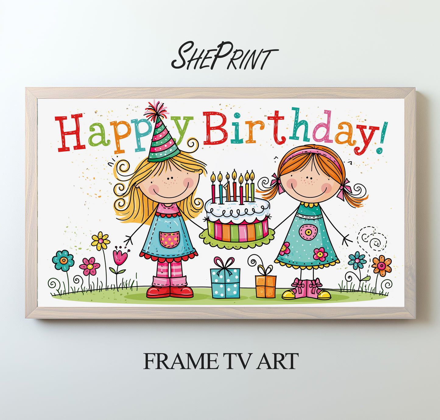Birthday Doodle Girls Drawing TV Art | Kids Birthday Display | Instant Digital Download