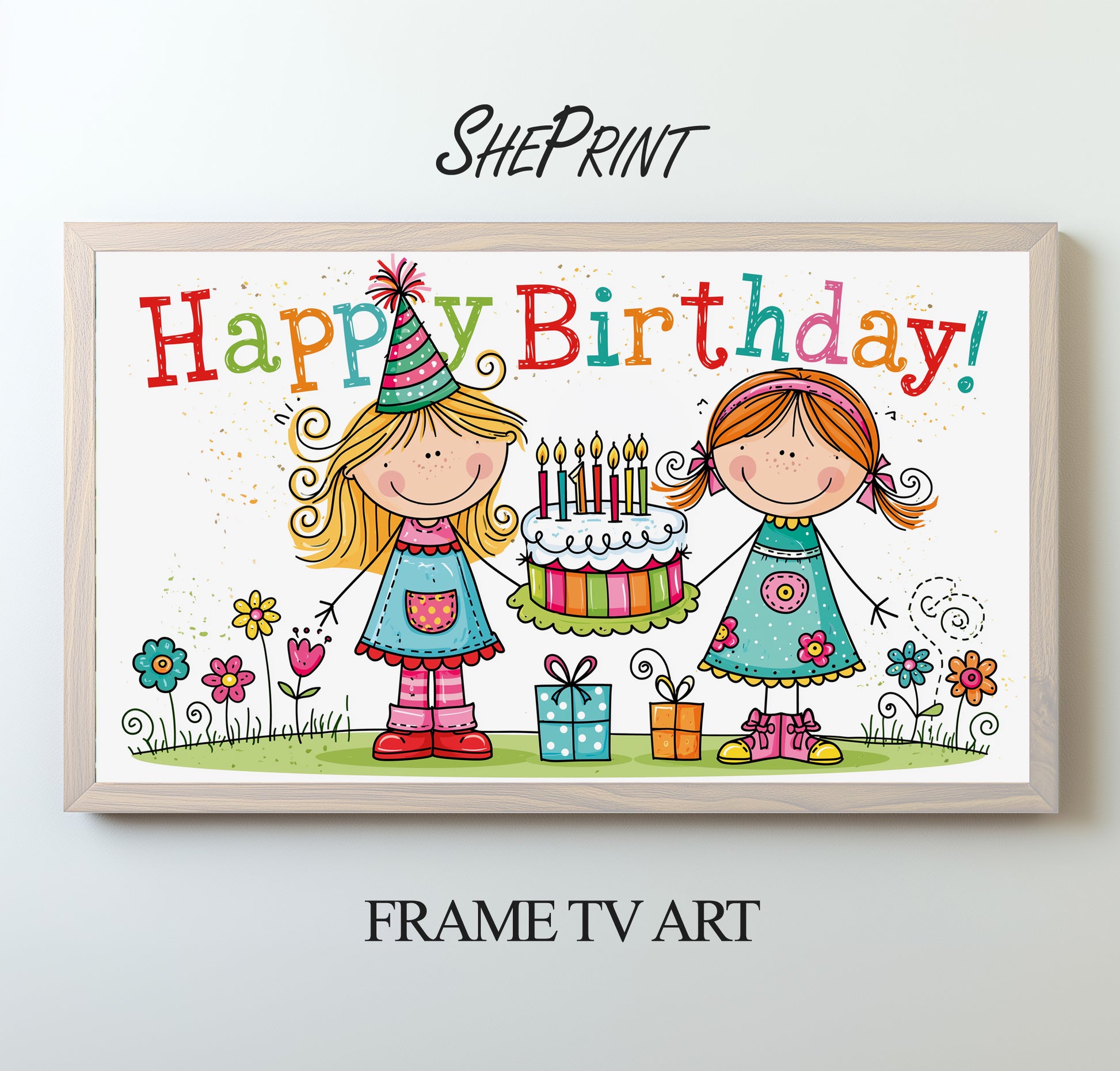 Birthday Doodle Girls Drawing TV Art | Kids Birthday Display | Instant Digital Download