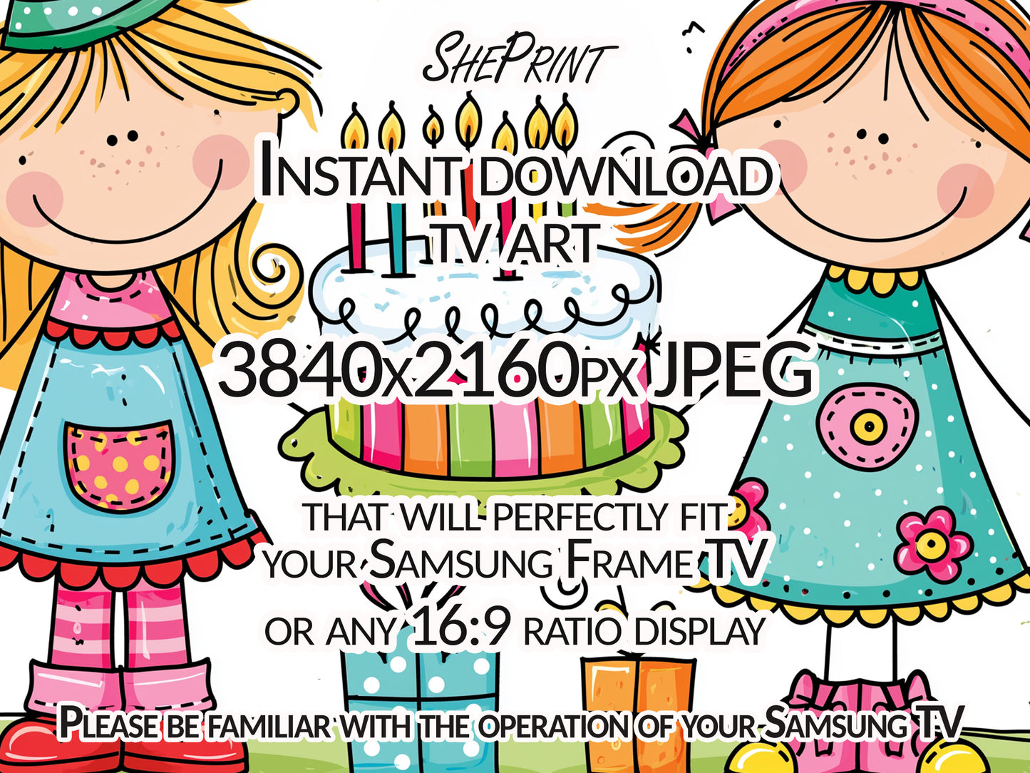 Birthday Doodle Girls Drawing TV Art | Kids Birthday Display | Instant Digital Download close up view