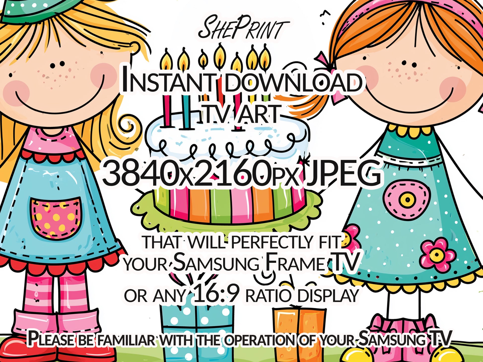 Birthday Doodle Girls Drawing TV Art | Kids Birthday Display | Instant Digital Download close up view