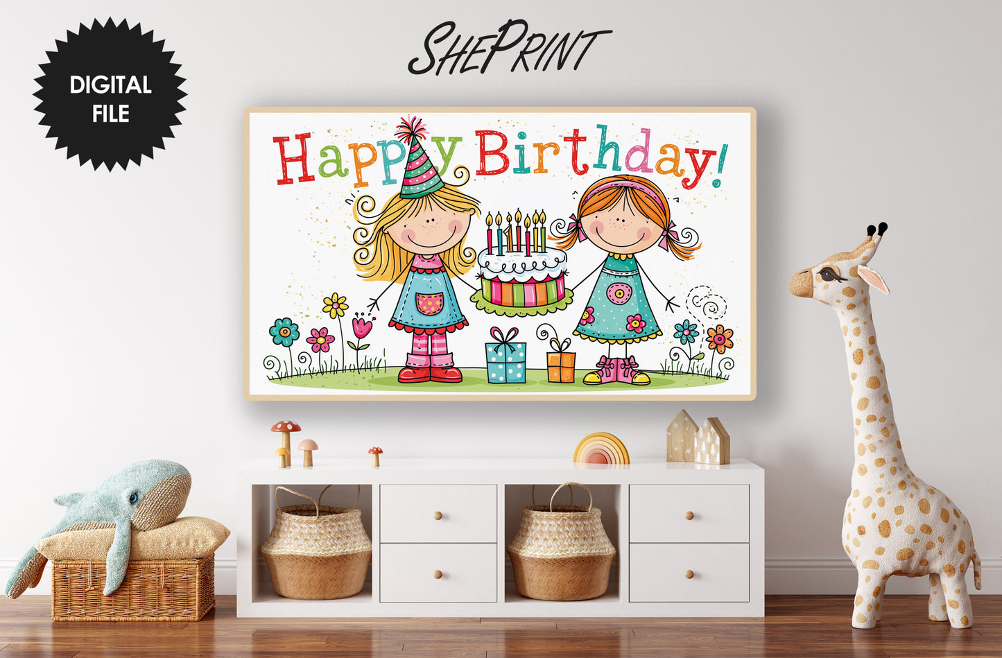 Birthday Doodle Girls Drawing TV Art | Kids Birthday Display | Instant Digital Download preview in kids room