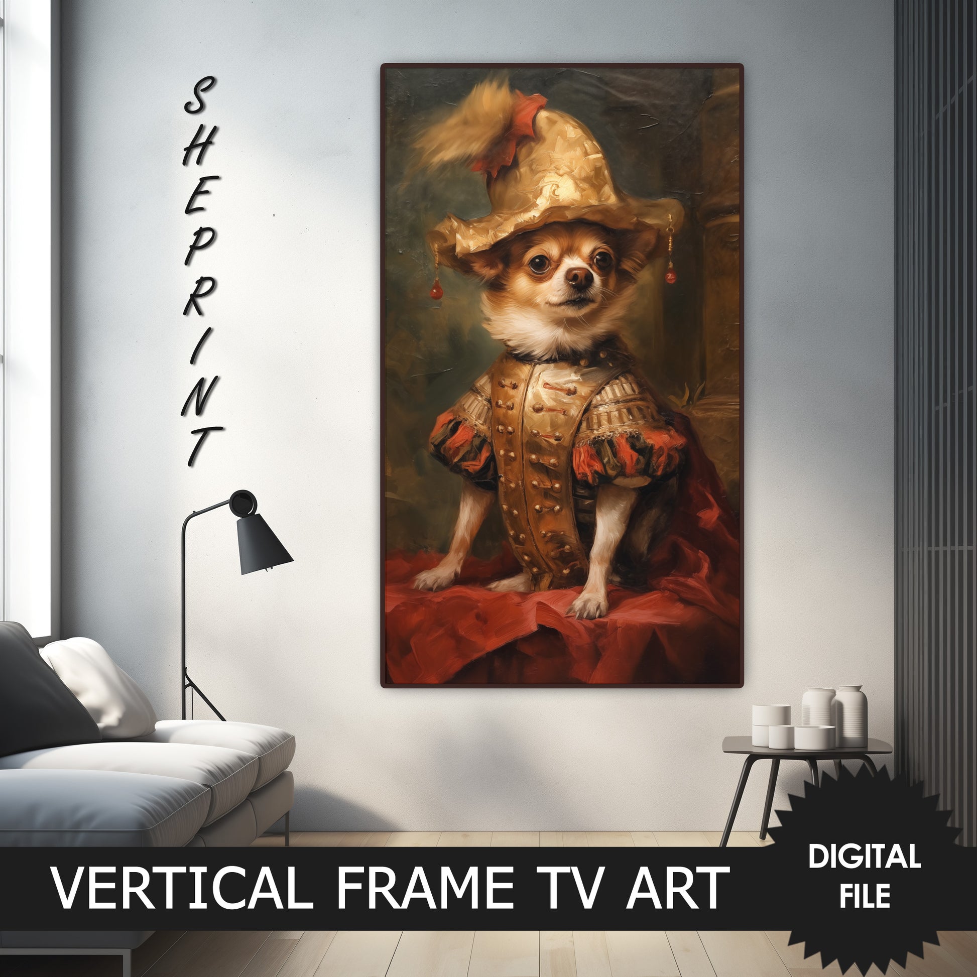 Vertical Frame TV Art | Gold & White Chihuahua Dressed Up Like A King preview on Samsung Frame TV when mounted vertically