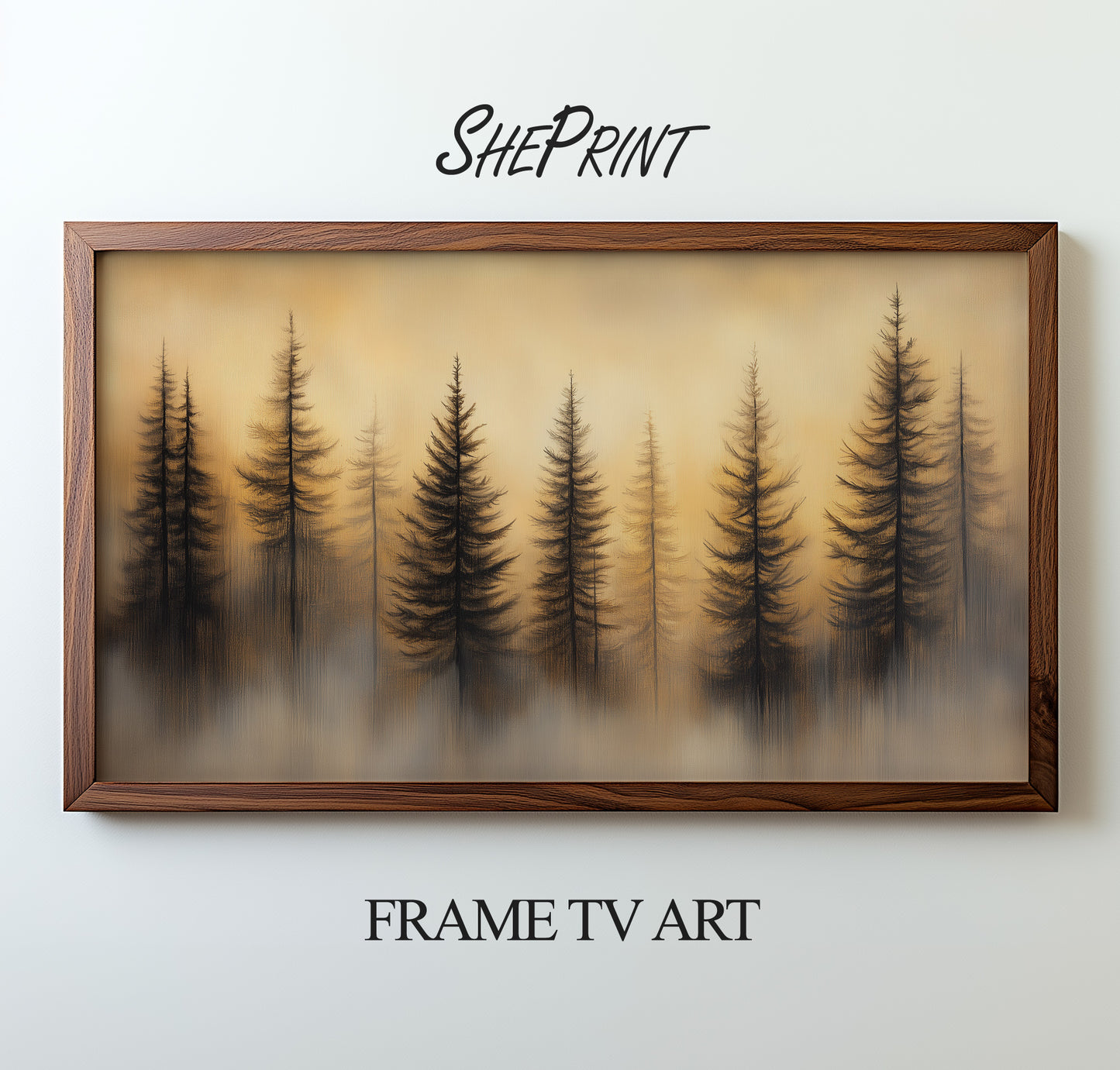 Golden Misty Forest Frame TV Art preview with wooden frame