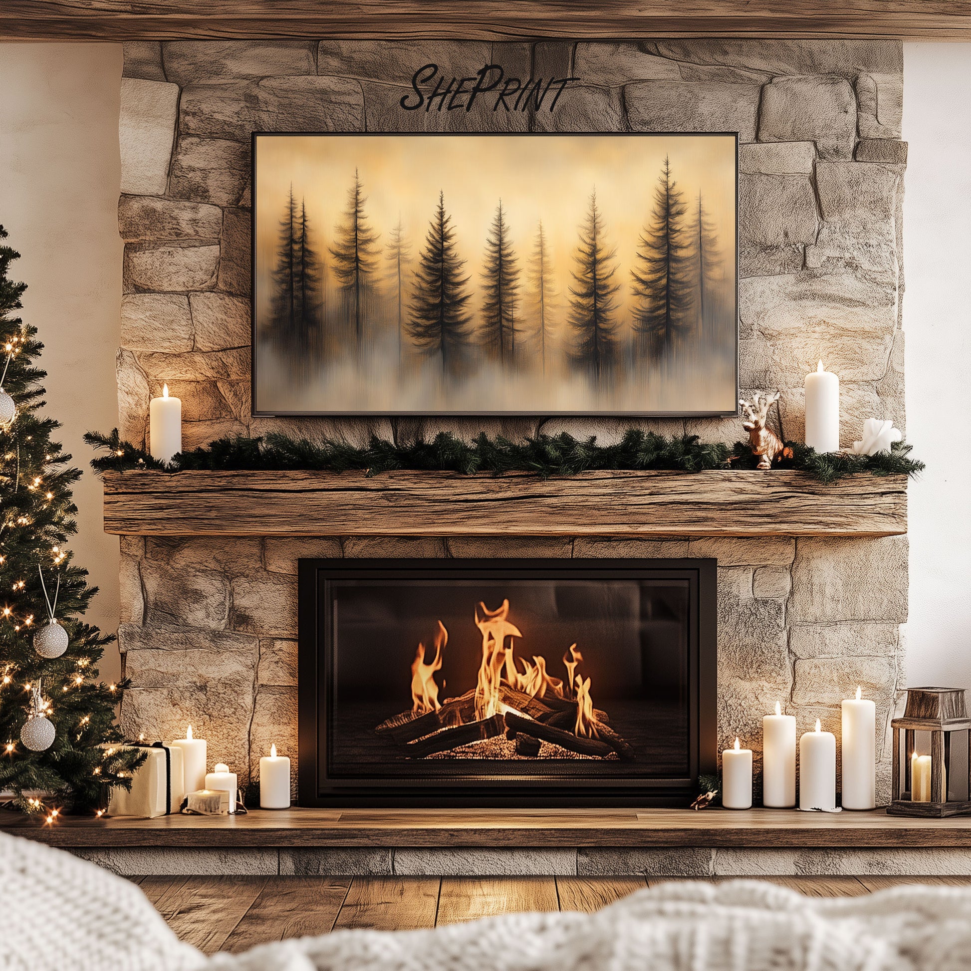 Golden Misty Forest Frame TV Art preview in rustic ambience