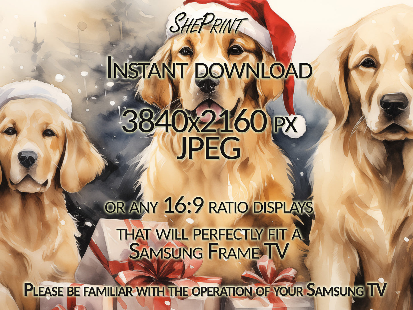 Christmas Frame TV Art Golden Retrievers Preview on Samsung Frame TV close up look