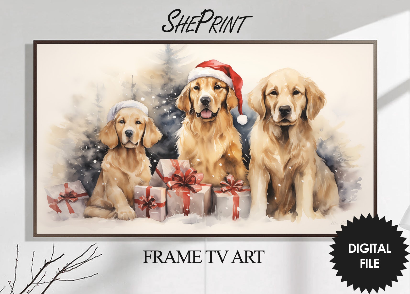 Christmas Frame TV Art Golden Retrievers Preview on Samsung Frame TV