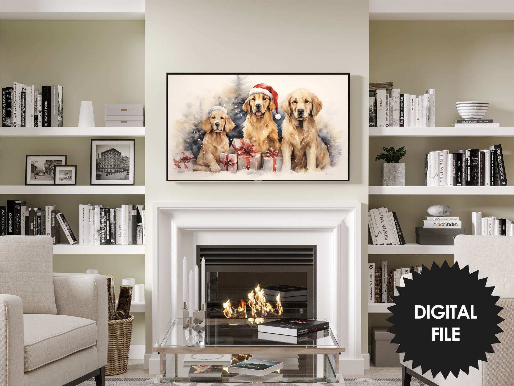Christmas Frame TV Art Golden Retrievers Preview on Samsung Frame TV in modern living room
