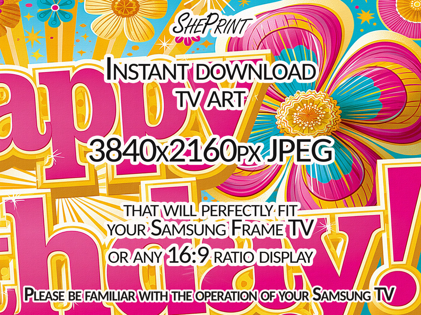 Groovy Retro 70s Birthday Frame TV Art | Birthday Party Decor | Digital Download close up view