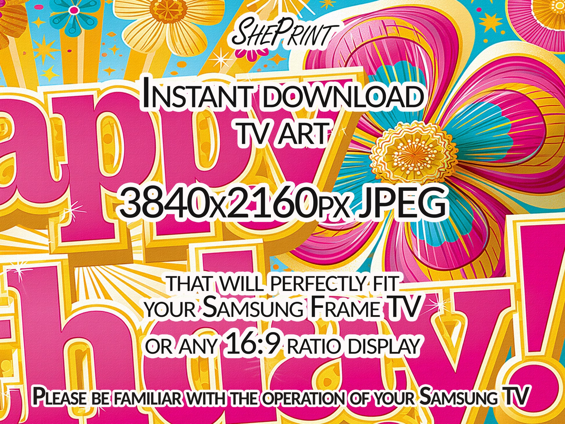 Groovy Retro 70s Birthday Frame TV Art | Birthday Party Decor | Digital Download close up view