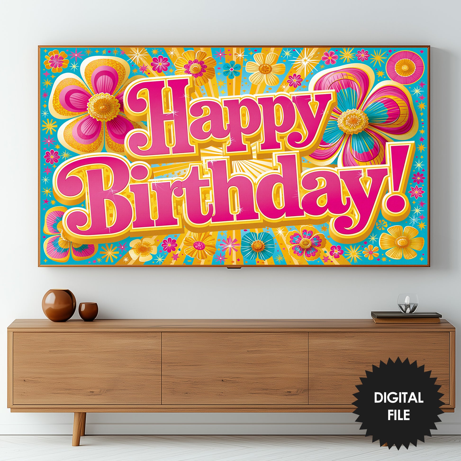 Groovy Retro 70s Birthday Frame TV Art | Birthday Party Decor | Digital Download preview on screen