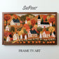 Folk Halloween TV Art, Fall Haunted Village Painting, Whimsical Primitive Fall Digital Artwork