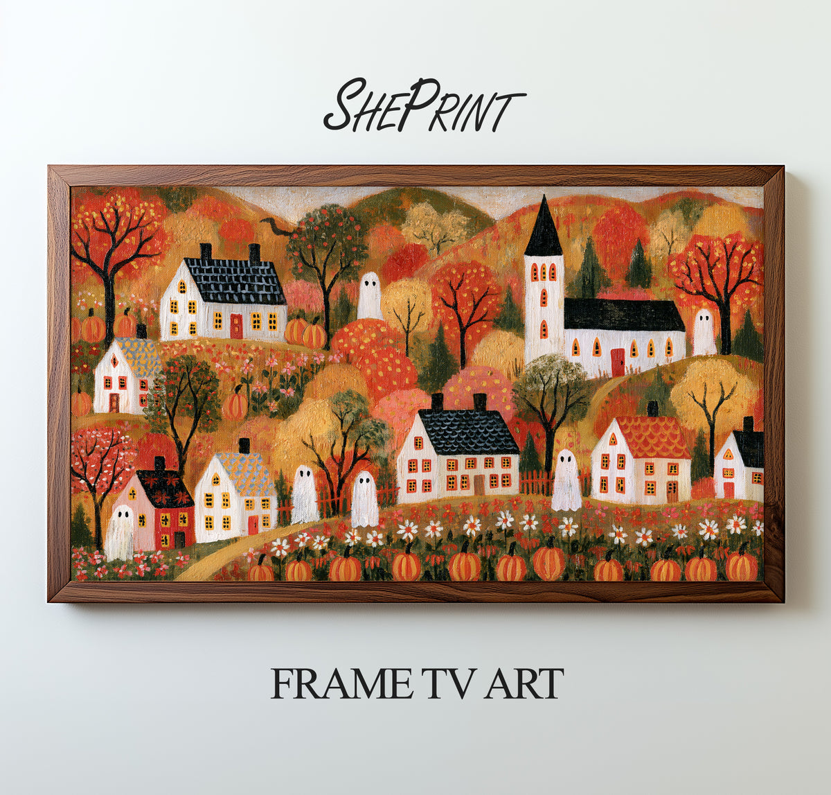 Folk Halloween TV Art, Fall Haunted Village Painting, Whimsical Primitive Fall Digital Artwork