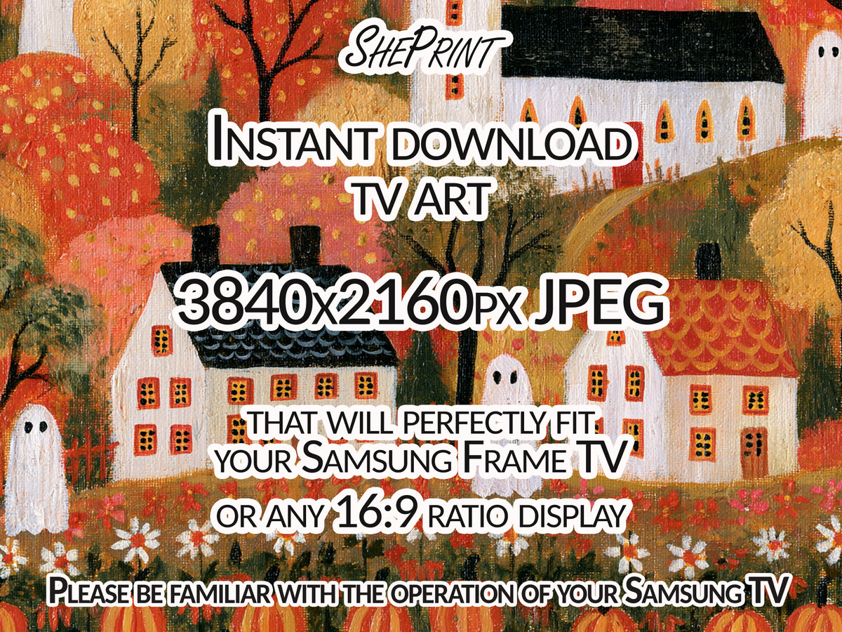 Folk Halloween TV Art, Fall Haunted Village Painting, Whimsical Primitive Fall Digital Artwork