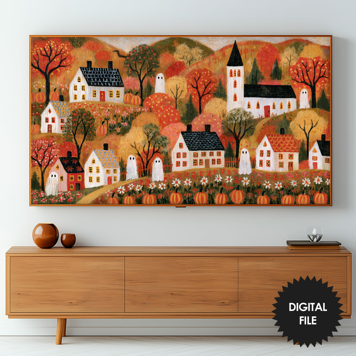 Folk Halloween TV Art, Fall Haunted Village Painting, Whimsical Primitive Fall Digital Artwork
