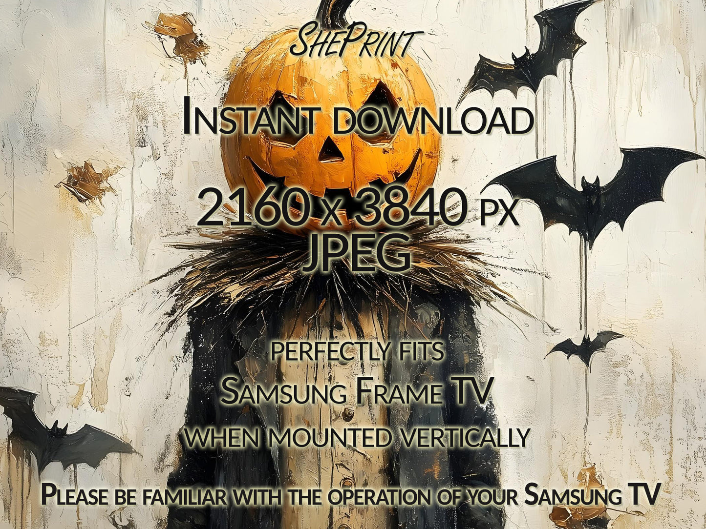 Samsung Vertical Frame TV Art, Halloween Scarecrow and Bats TV Art close up view