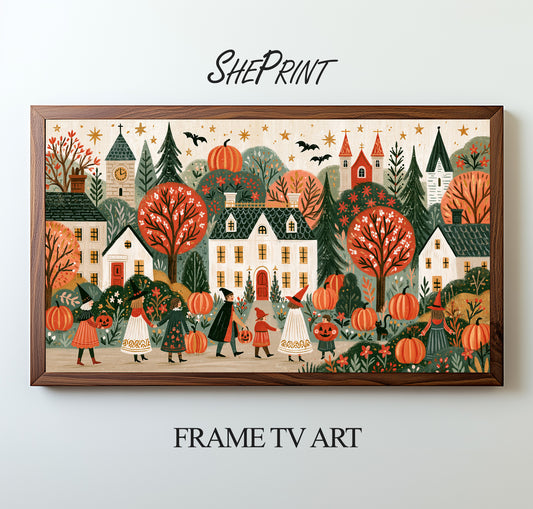 Cozy Vintage Halloween Village TV Art | Whimsical Folk Art & Autumn Colors | Digital Download