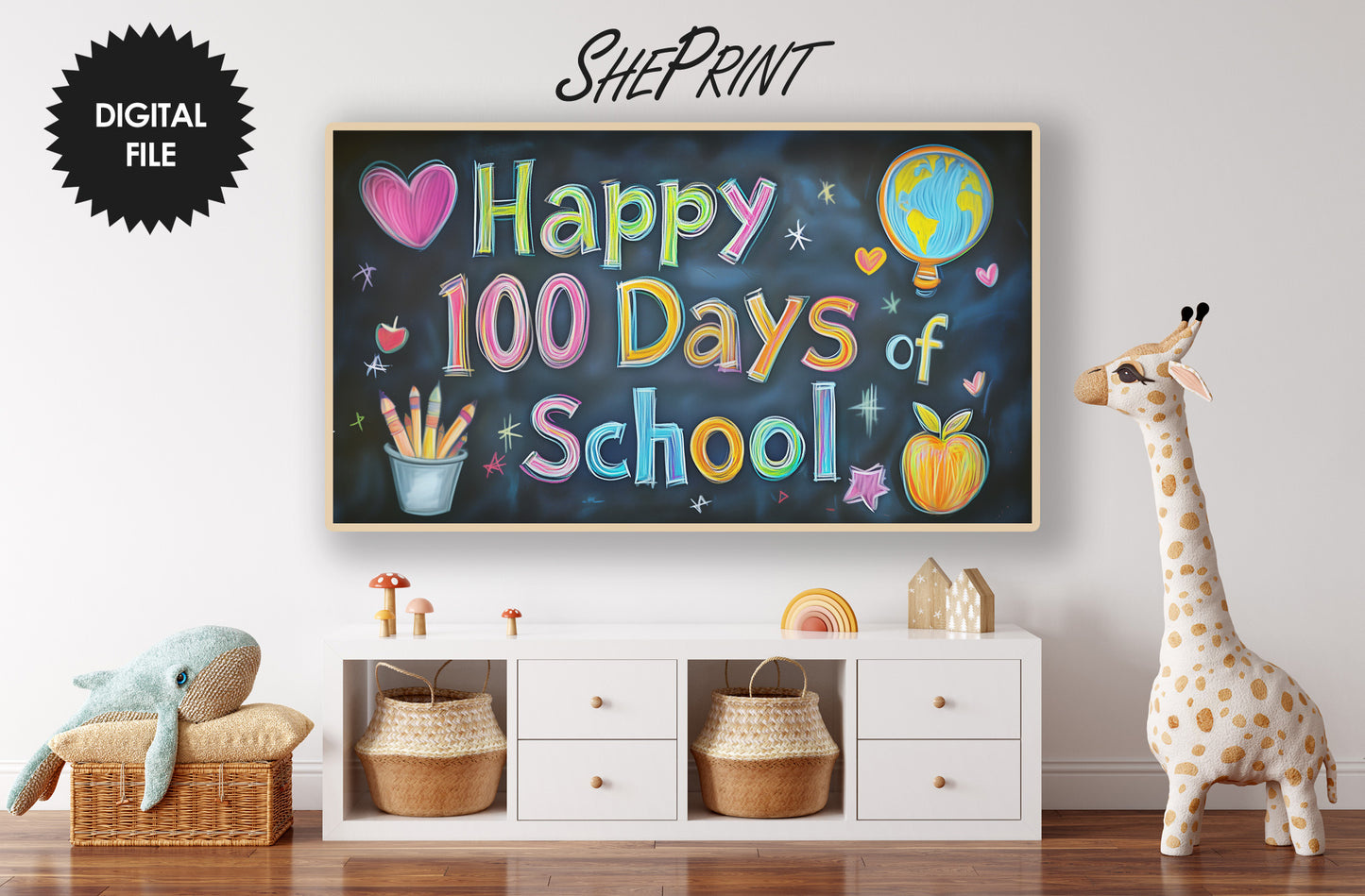 Samsung Frame TV Art For Kids | Happy 100 Days Of School Written on School Board preview in kids room