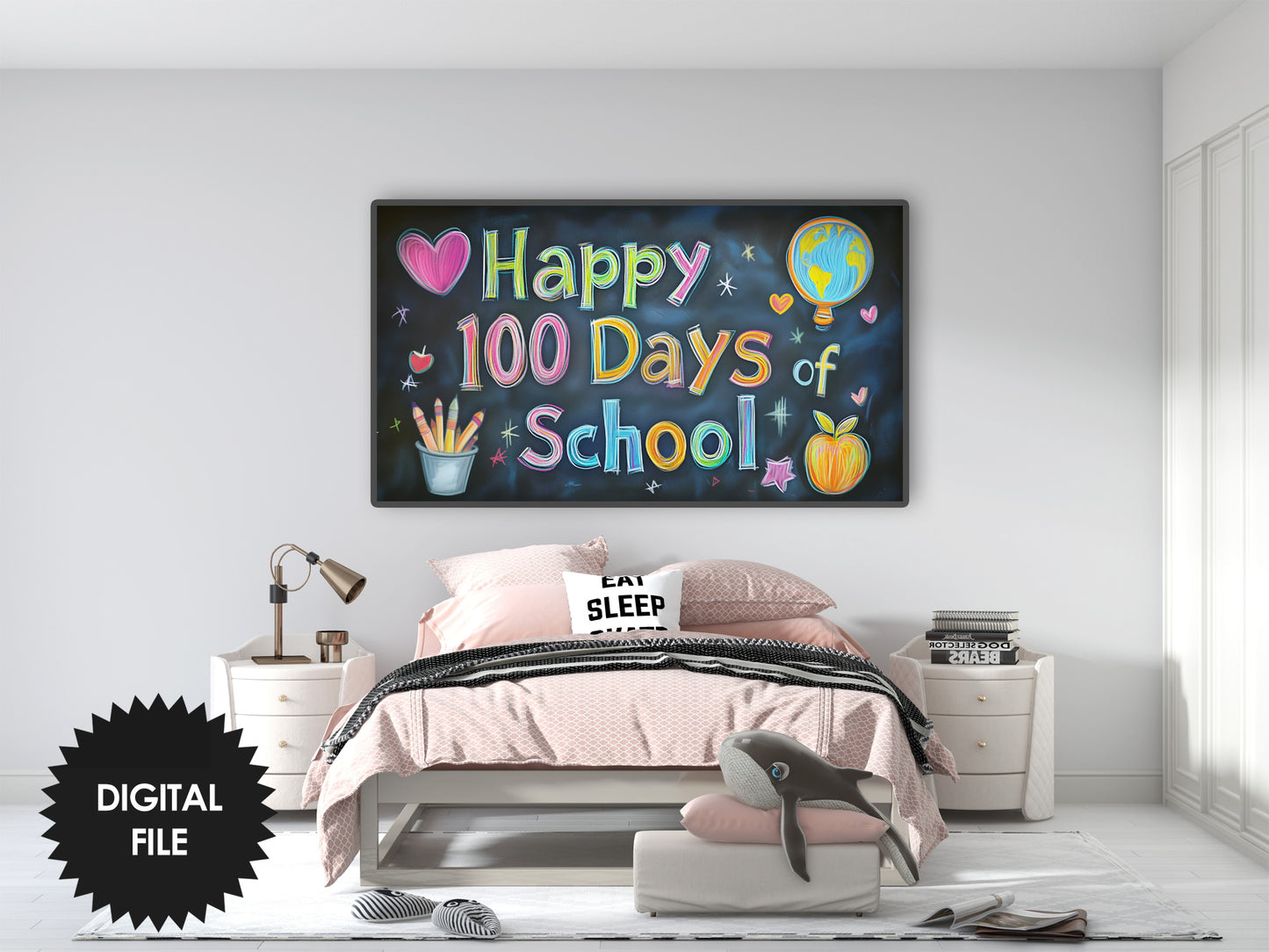 Samsung Frame TV Art For Kids | Happy 100 Days Of School Written on School Board preview in teen room