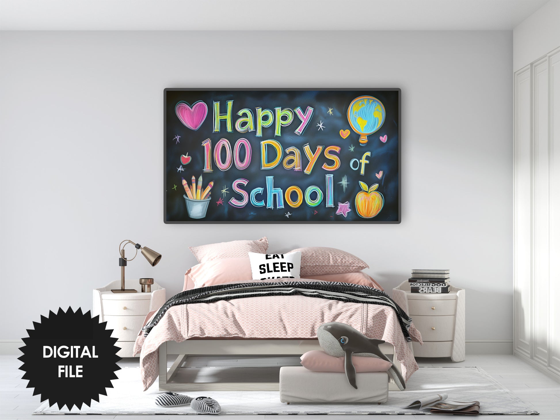 Samsung Frame TV Art For Kids | Happy 100 Days Of School Written on School Board preview in teen room