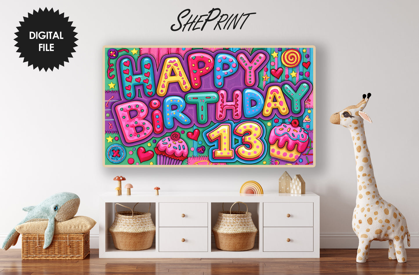 Happy 13th Birthday TV Art | Birthday Party Backdrop for 13 Years Old | Digital Download preview in kids room