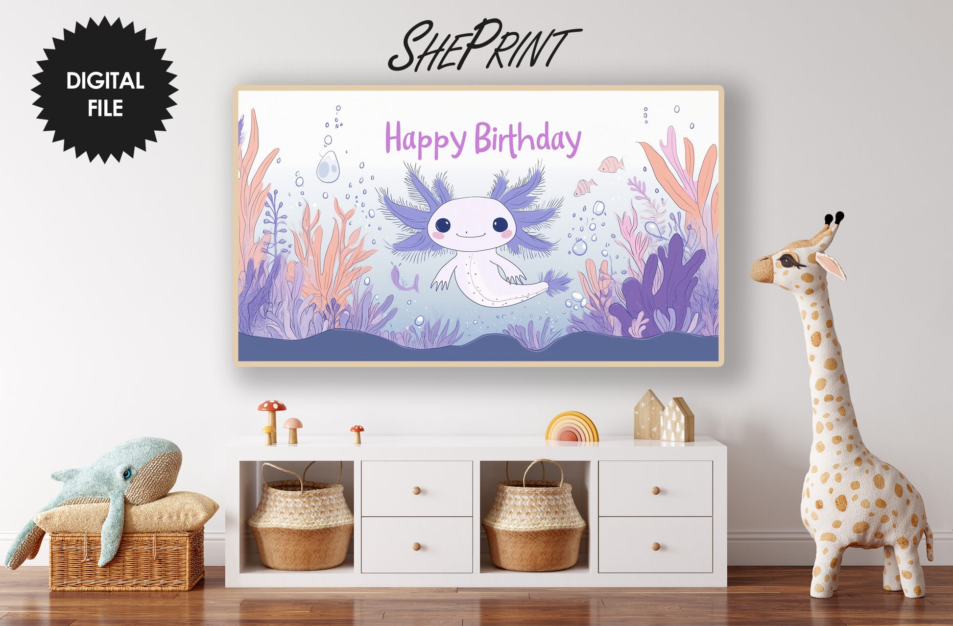 Frame TV Art For Kids | Axolotl Themed Birthday Party Decor | Axolotl Drawing preview in kids room