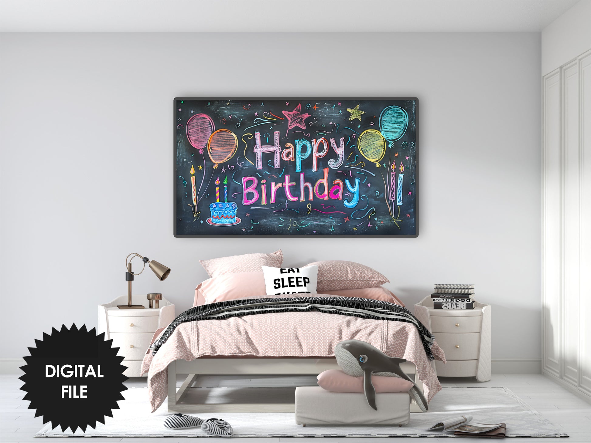 Samsung Frame TV Art For Kids | Happy Birthday Written on School Board preview in kids bedroom