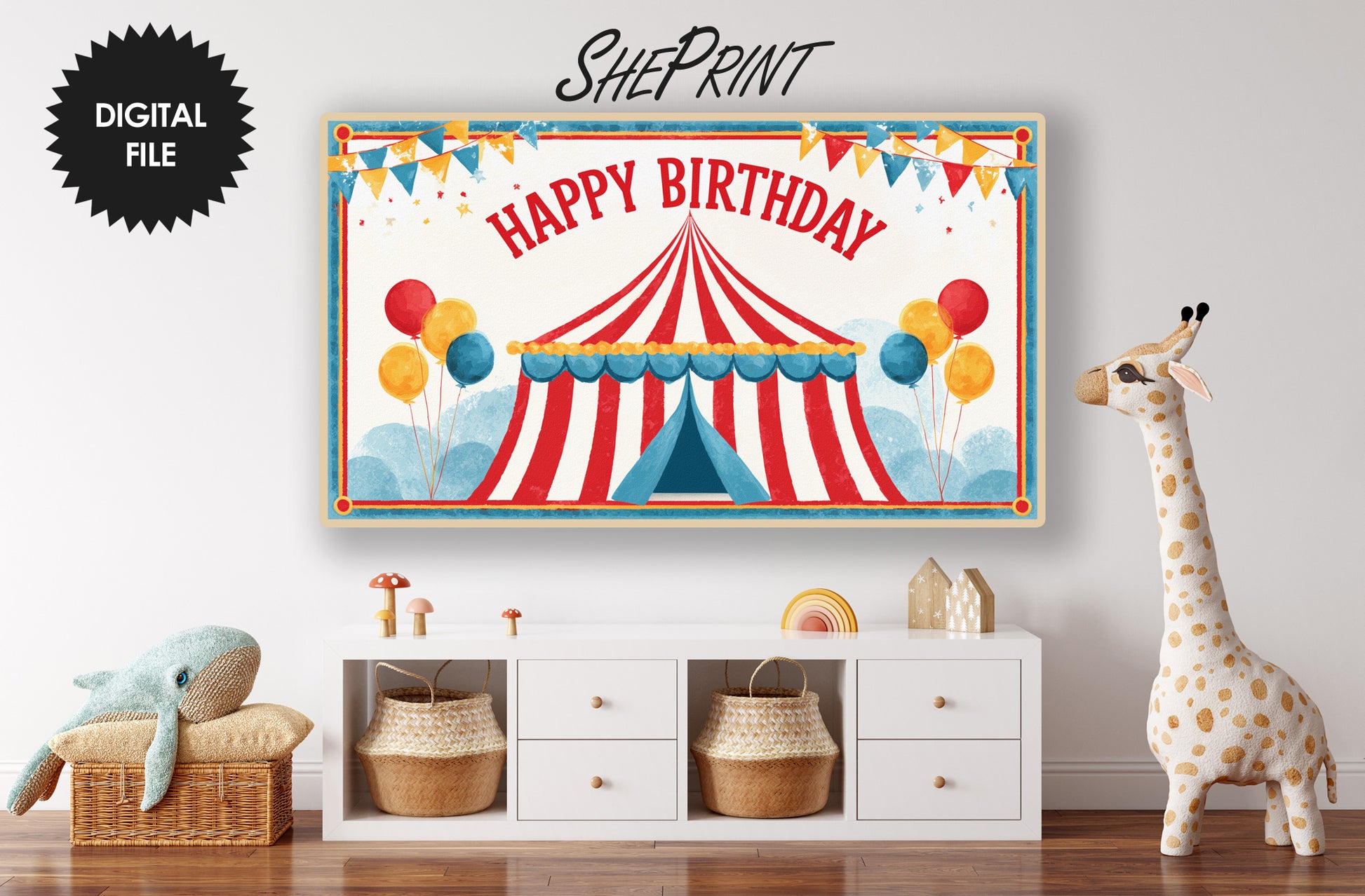 Circus Carnival Birthday Party Frame TV Art For Kids preview in kids room