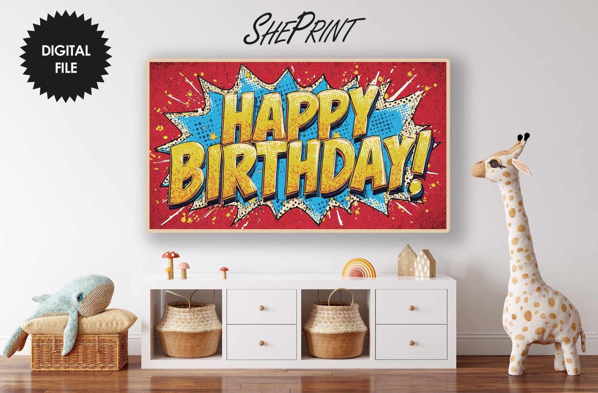 Birthday Frame TV Art For Boys Comic Style preview in kids room