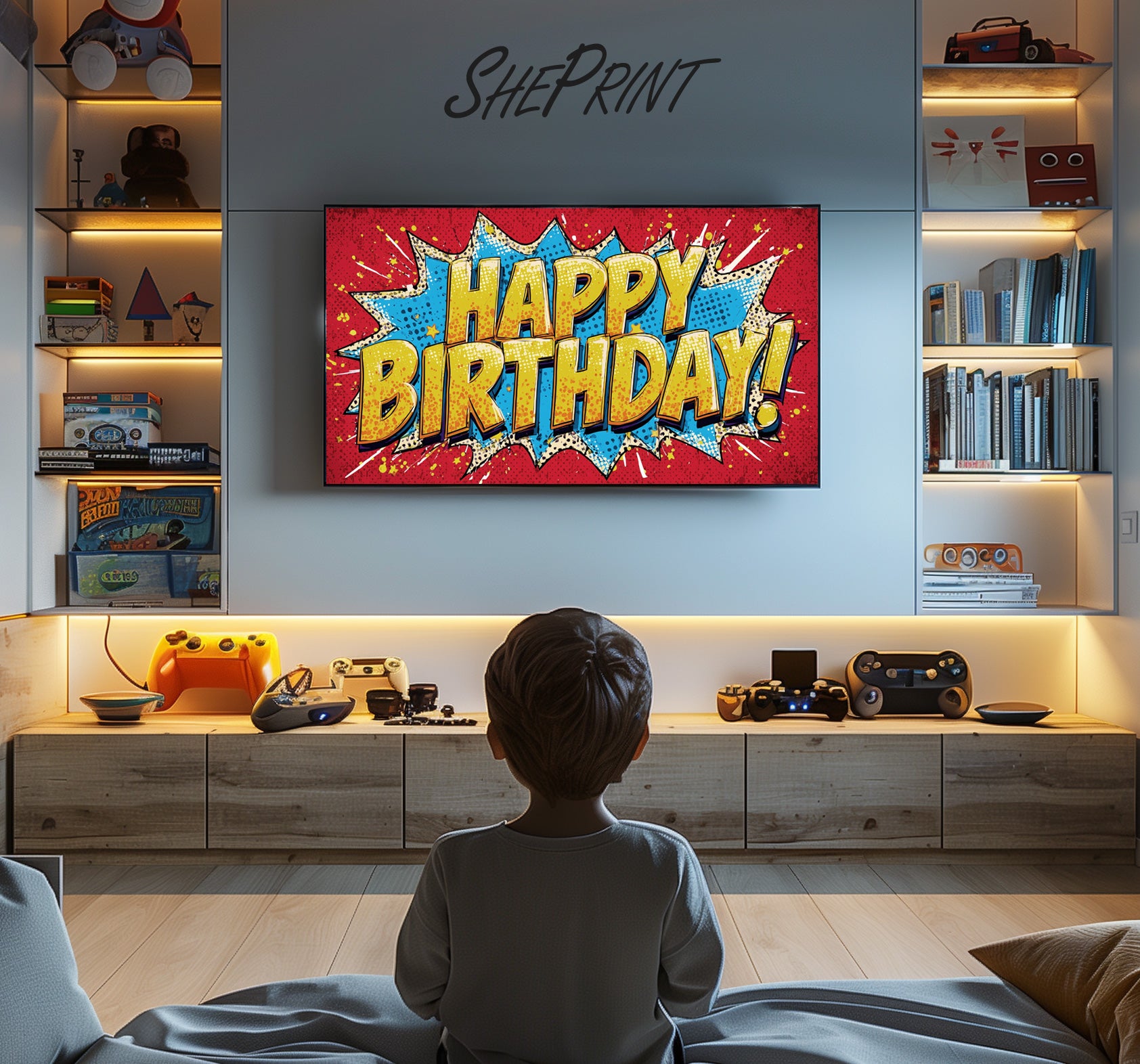 Birthday Frame TV Art For Boys Comic Style preview in boys room