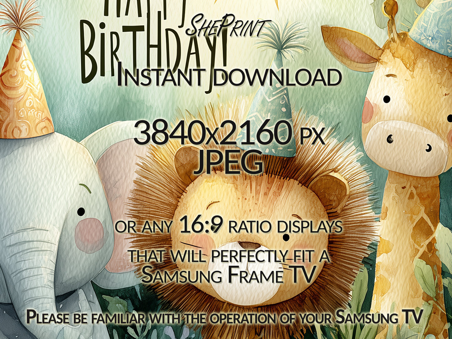 Frame TV Art: Happy Birthday Jungle Theme Party close up view