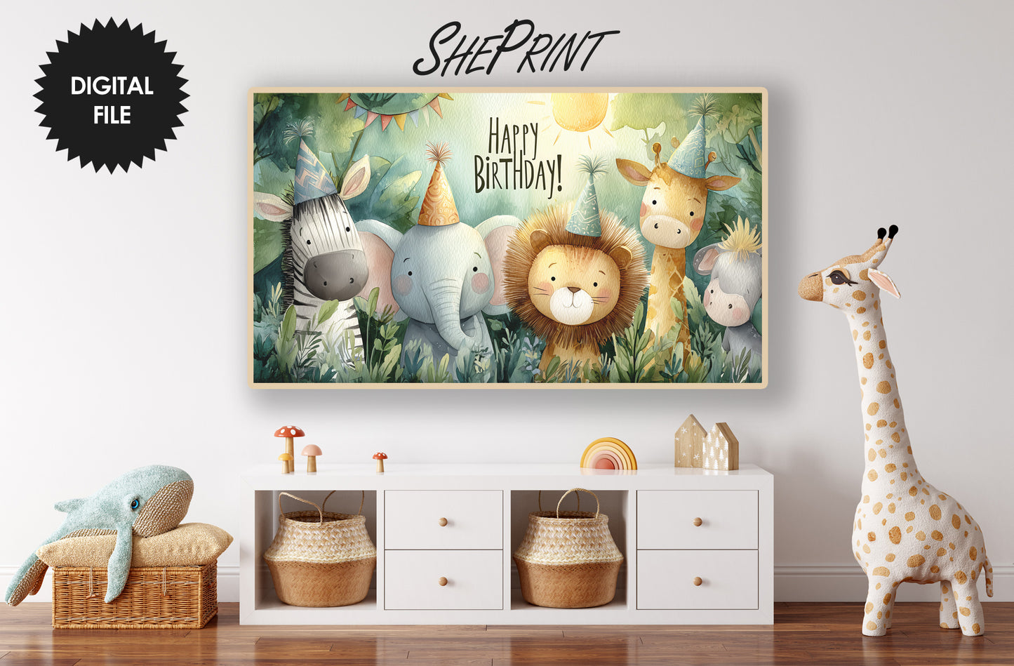 Frame TV Art: Happy Birthday Jungle Theme Party preview in kids room