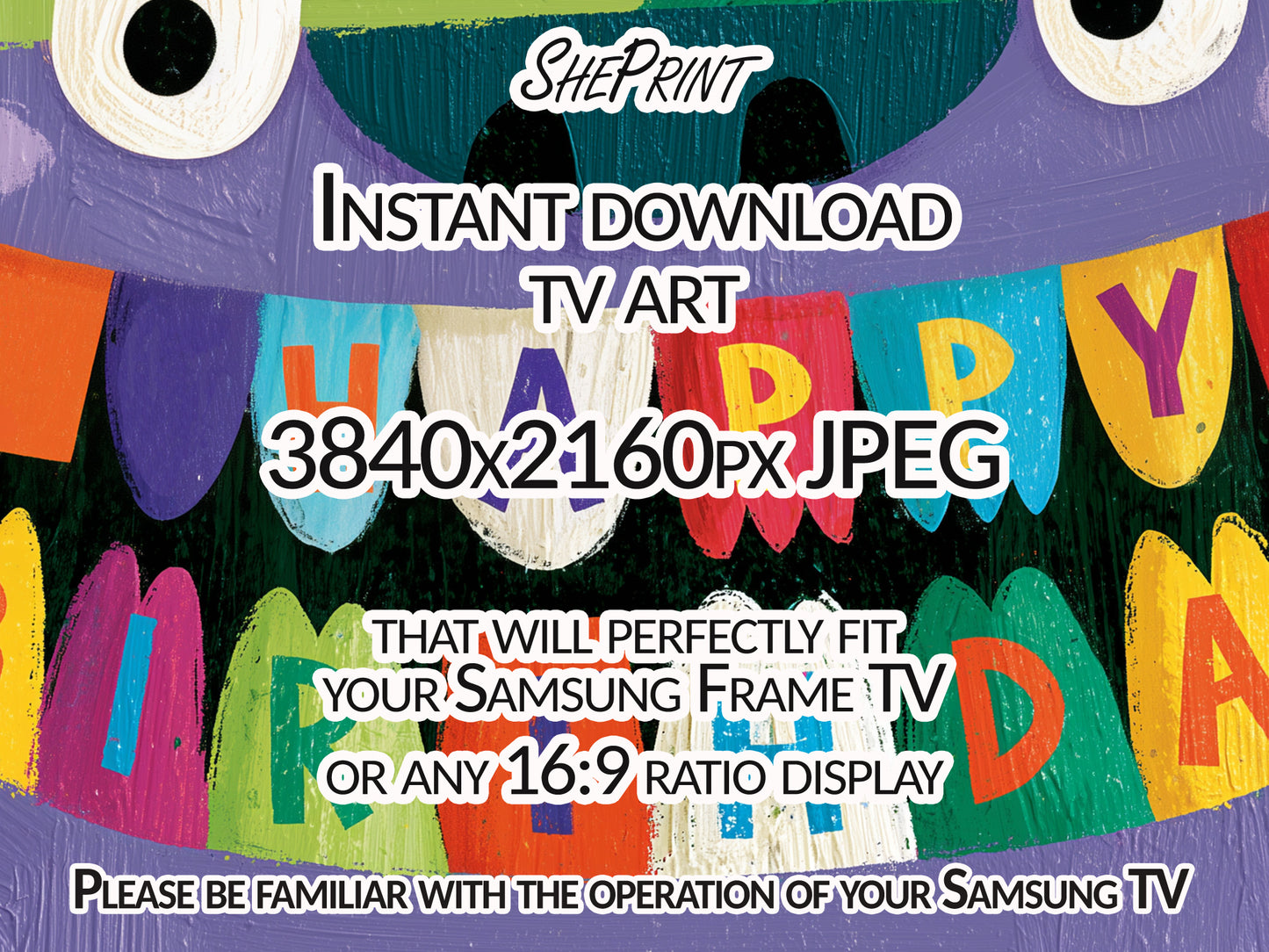 Funny Monster Birthday Frame TV Art For Kids | Happy Birthday Party Banner | Instant Download close up look