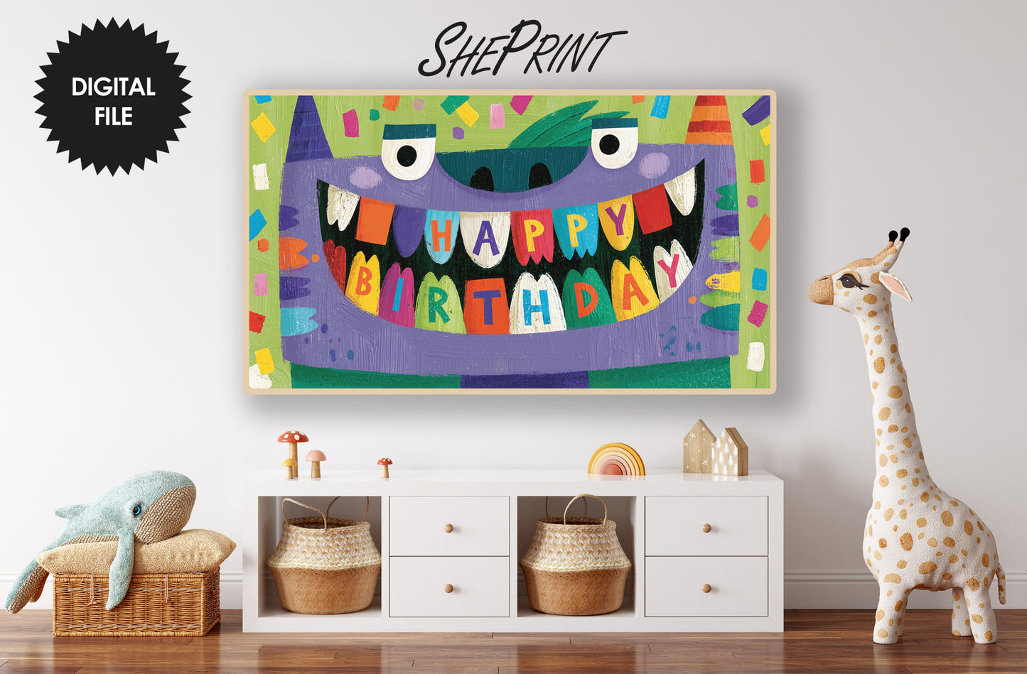 Funny Monster Birthday Frame TV Art For Kids | Happy Birthday Party Banner | Instant Download preview in kids room