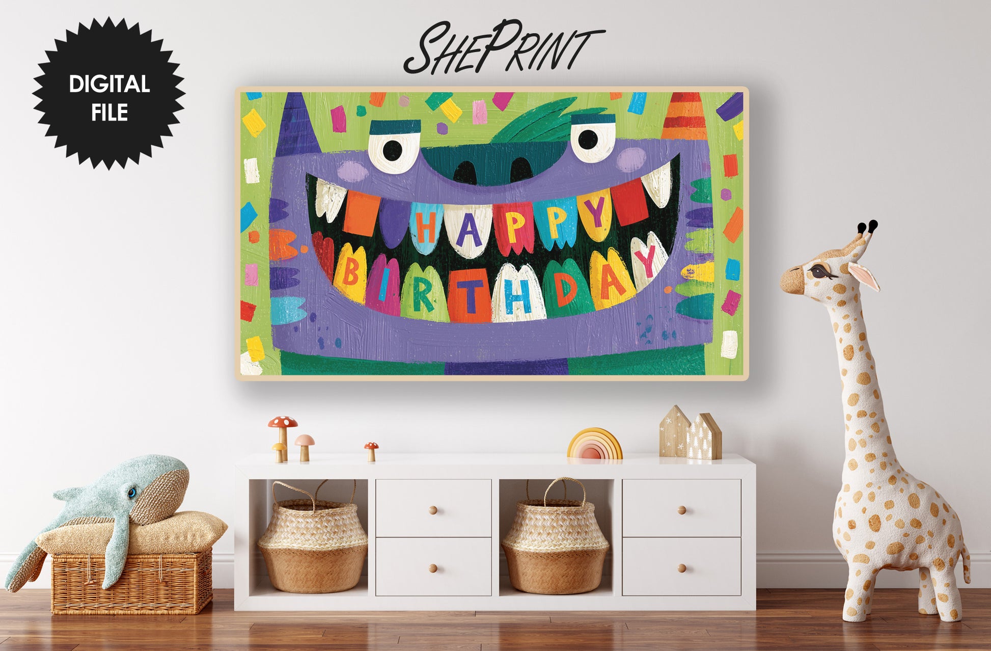 Funny Monster Birthday Frame TV Art For Kids | Happy Birthday Party Banner | Instant Download preview in kids room
