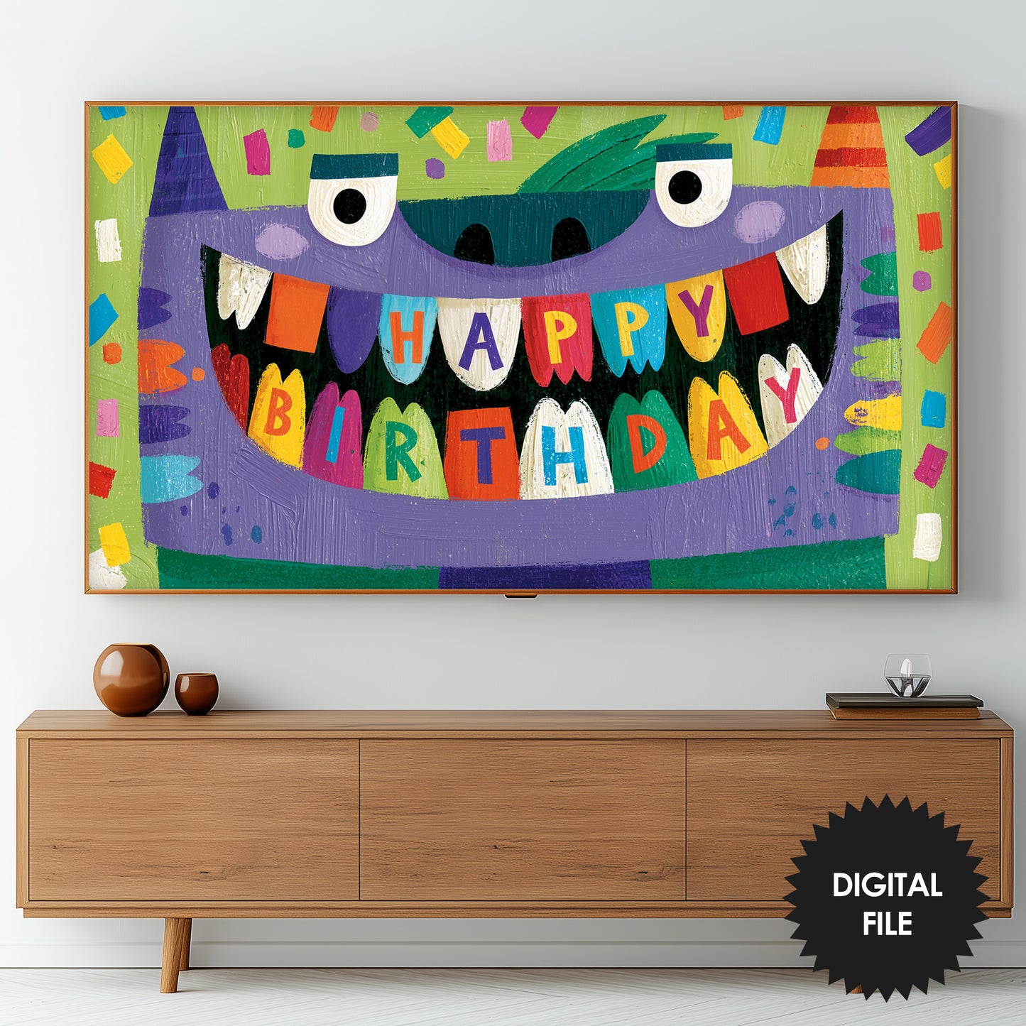 Funny Monster Birthday Frame TV Art For Kids | Happy Birthday Party Banner | Instant Download preview in living room