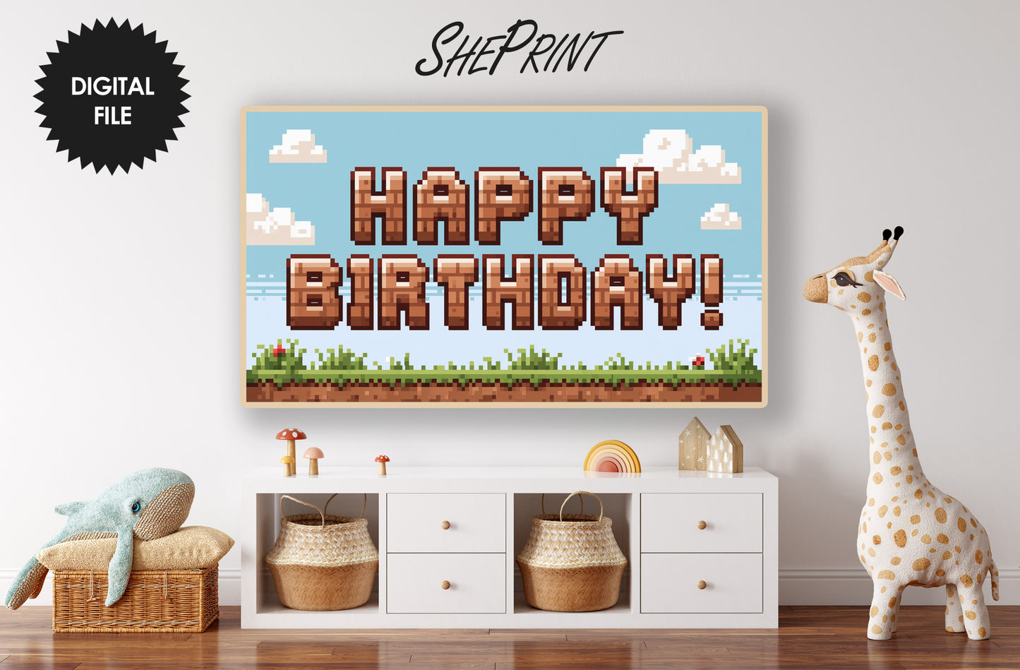 Pixel Art Gaming Birthday TV Art For Kids | Digital Backdrop for Boys | Digital Download preview in kids room