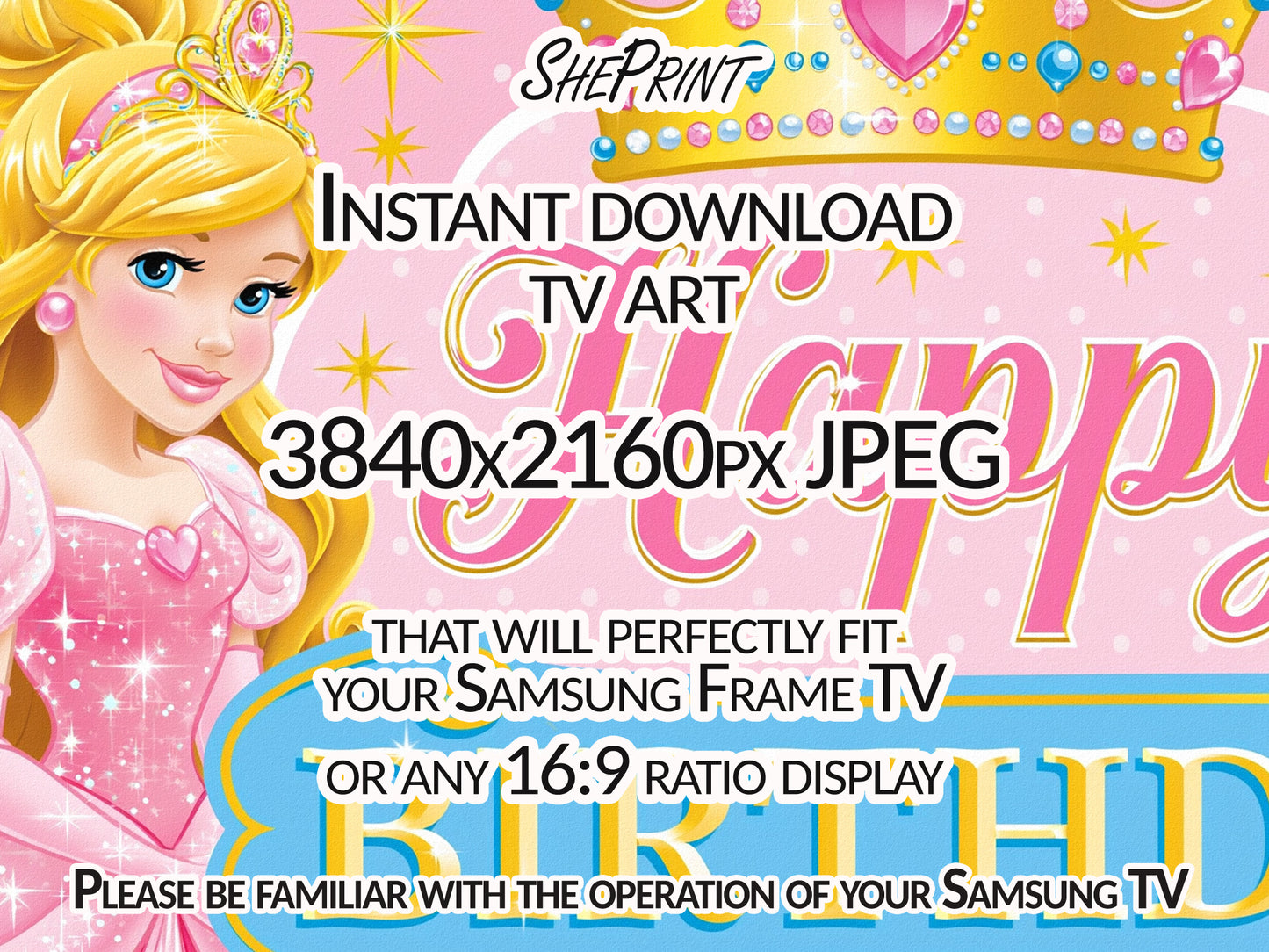 Princess Theme Birthday Party TV Art for Girls | 3840x2160px JPEG | Instant Digital Download close up view
