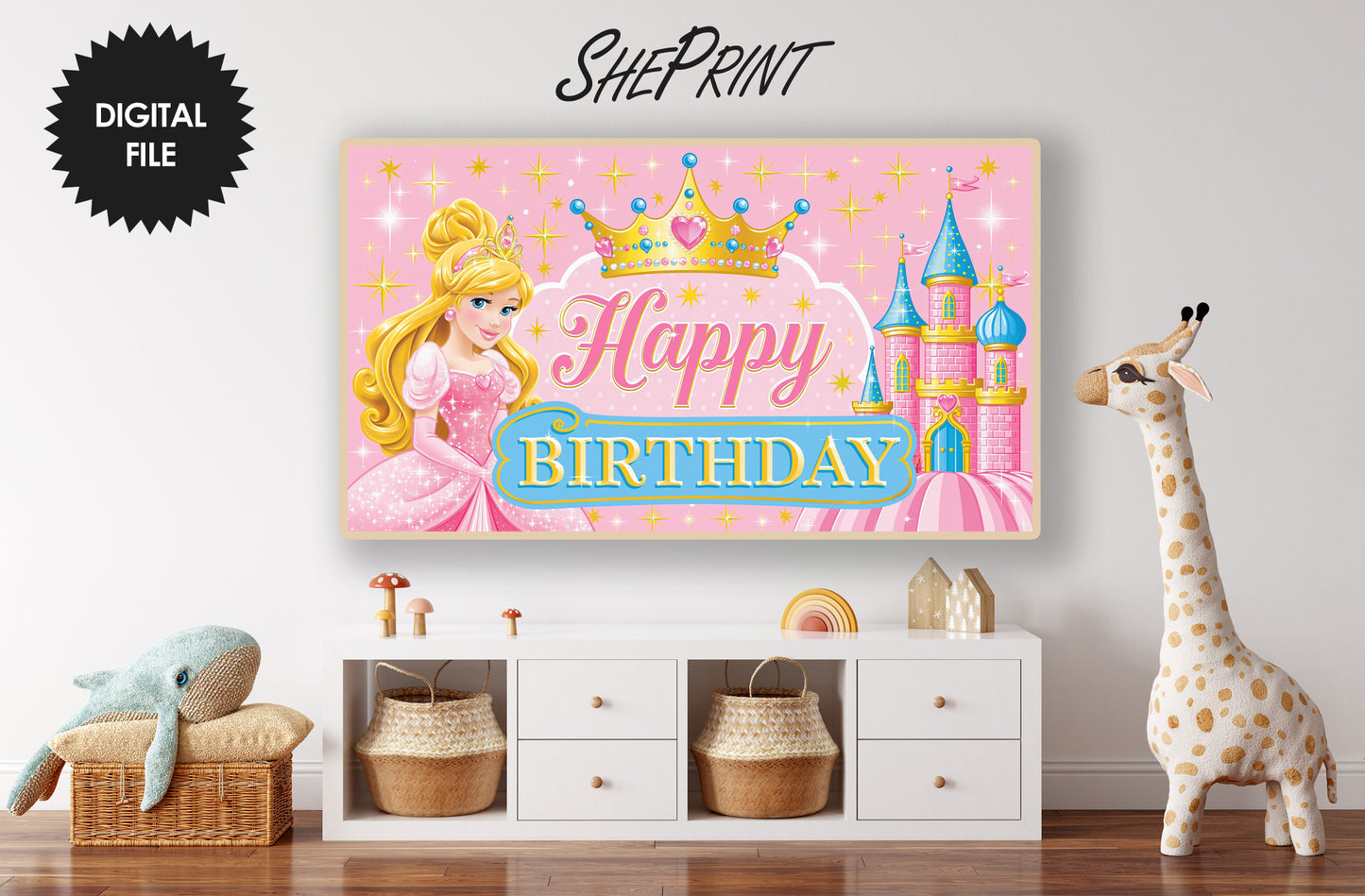Princess Theme Birthday Party TV Art for Girls | 3840x2160px JPEG | Instant Digital Download preview in girls room