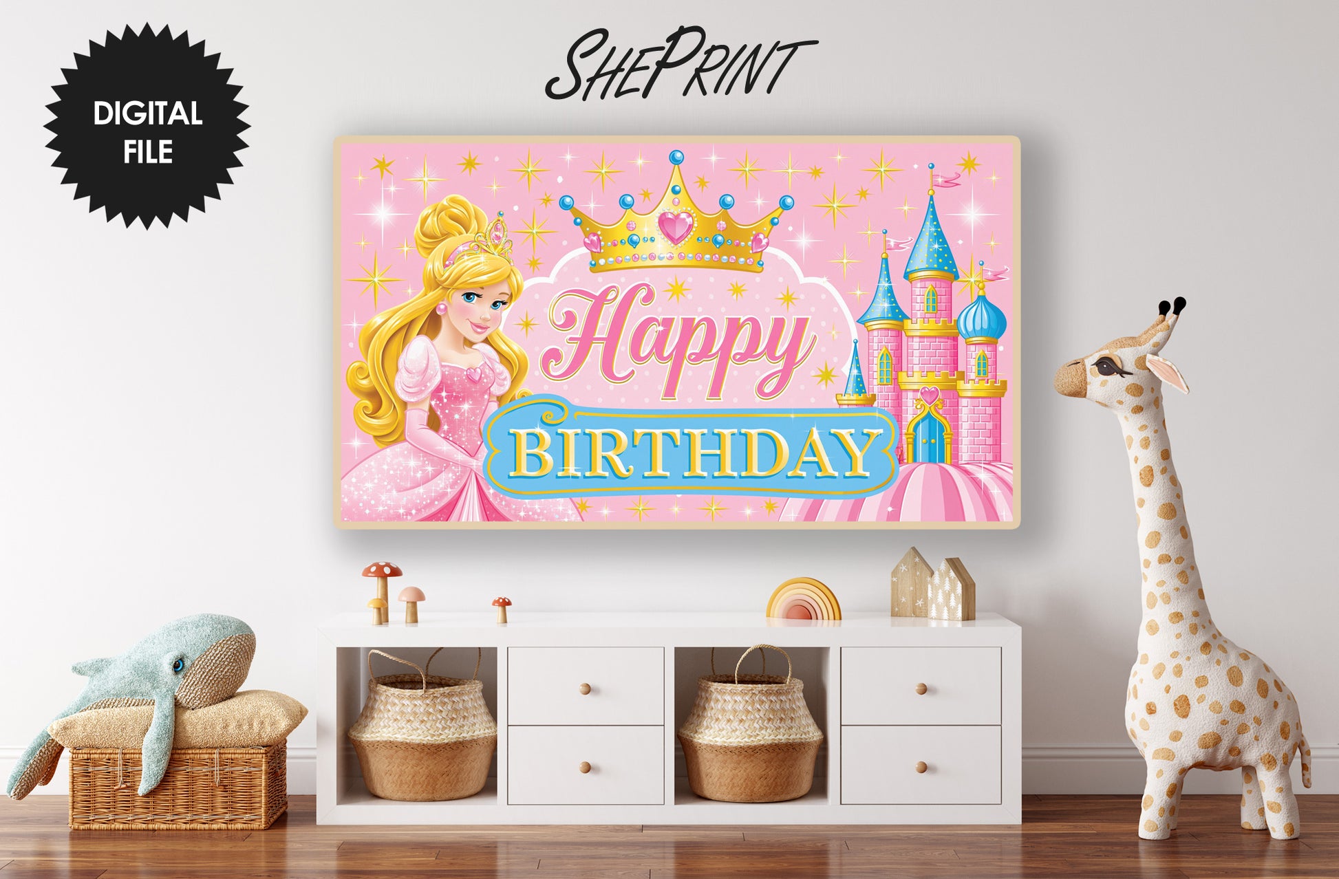 Princess Theme Birthday Party TV Art for Girls | 3840x2160px JPEG | Instant Digital Download preview in girls room