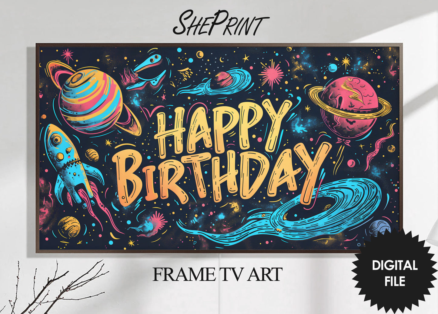 Frame TV Art For Kids | Happy Birthday Space Themed Party | Digital TV Art | 3840 x 2160 pixels JPEG | Instant Download