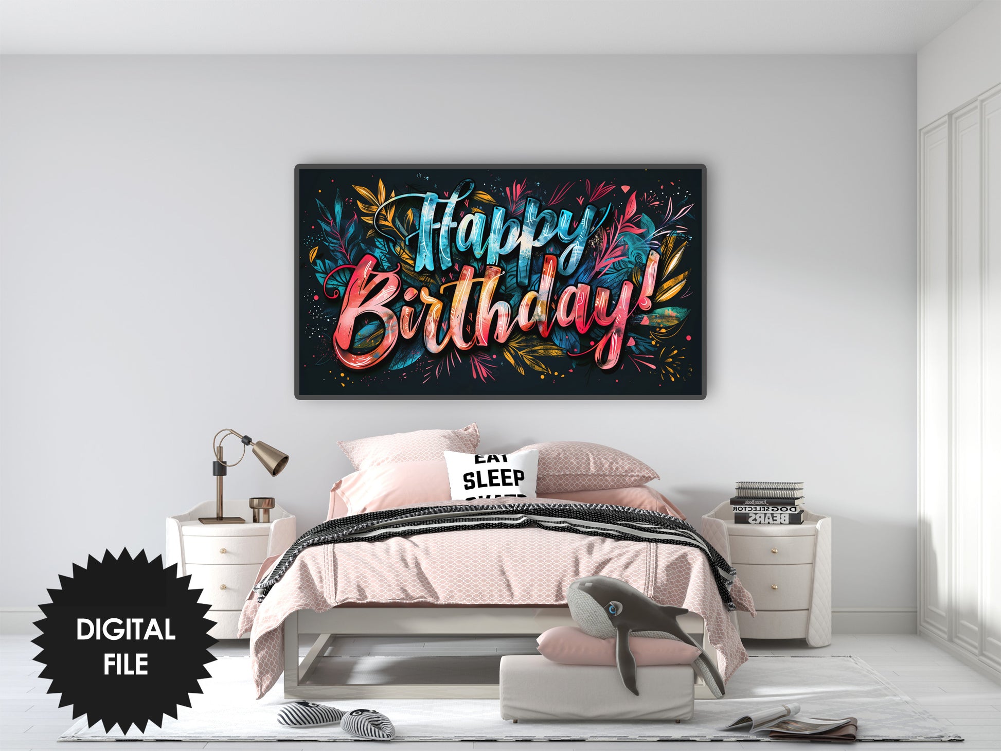 Frame TV Art | Happy Birthday Floral Splash Art For Girls preview in modern bedroom