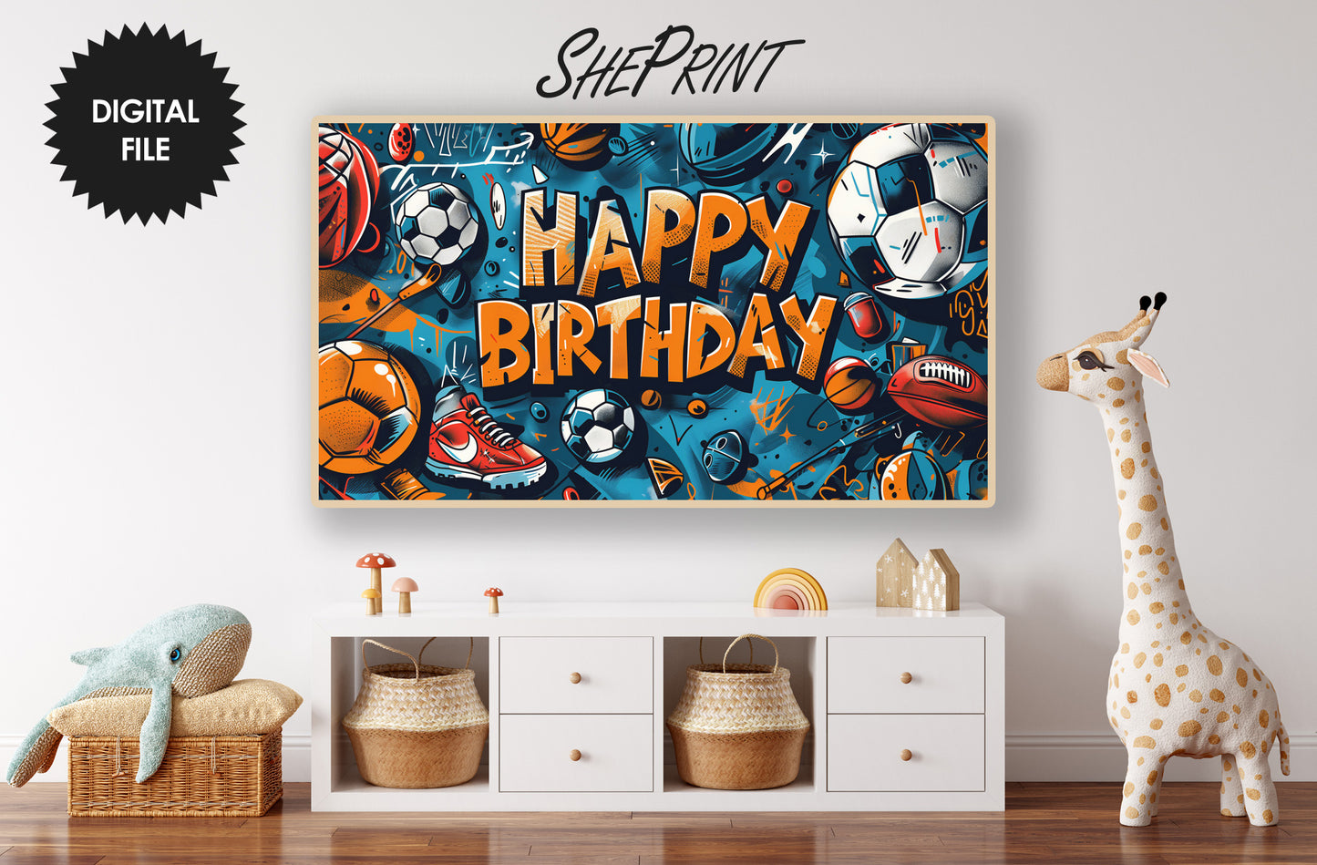 Frame TV Art | Happy Birthday Sports Balls Theme For Boys preview in kids room