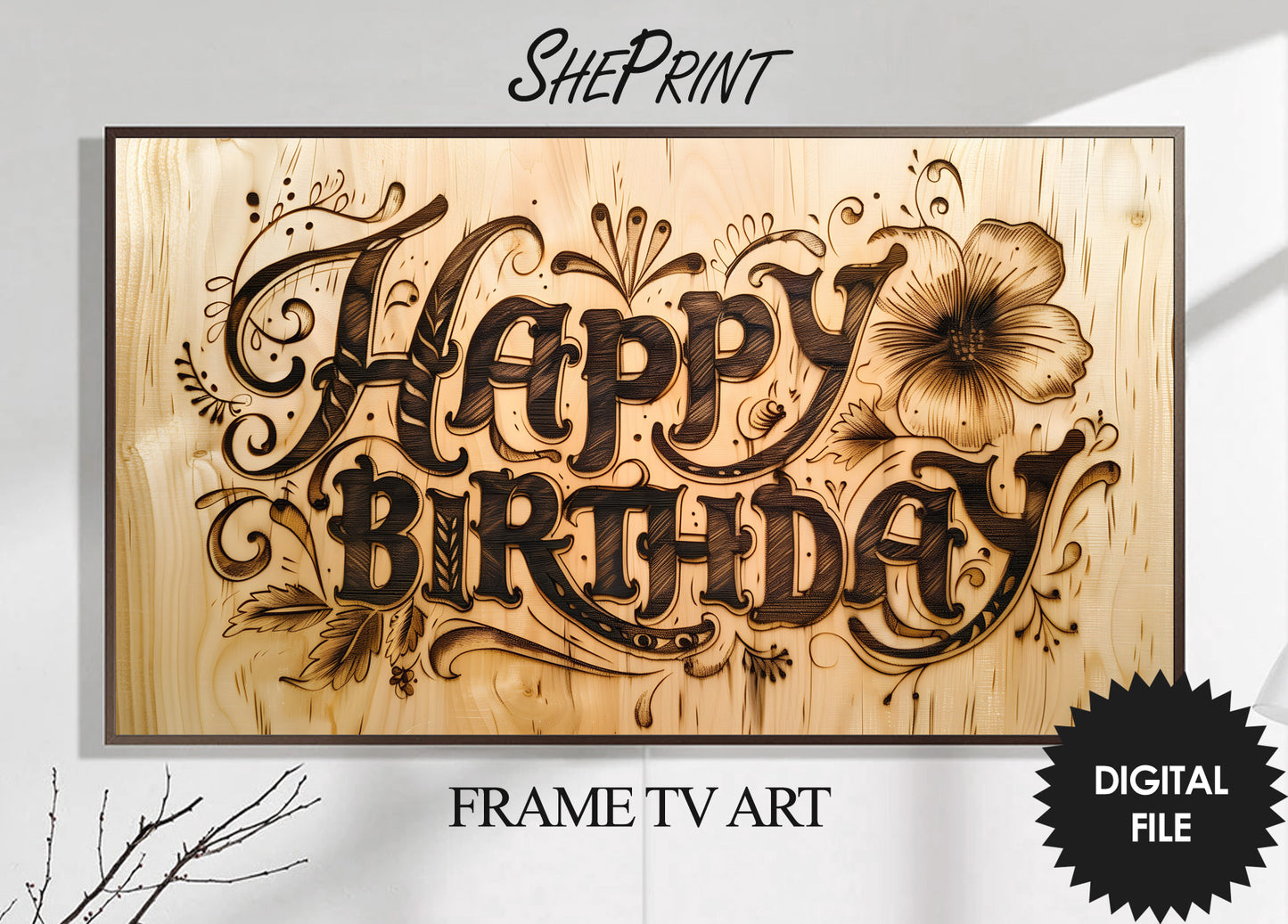 Samsung Frame TV Art | Happy Birthday Carved In Wood preview