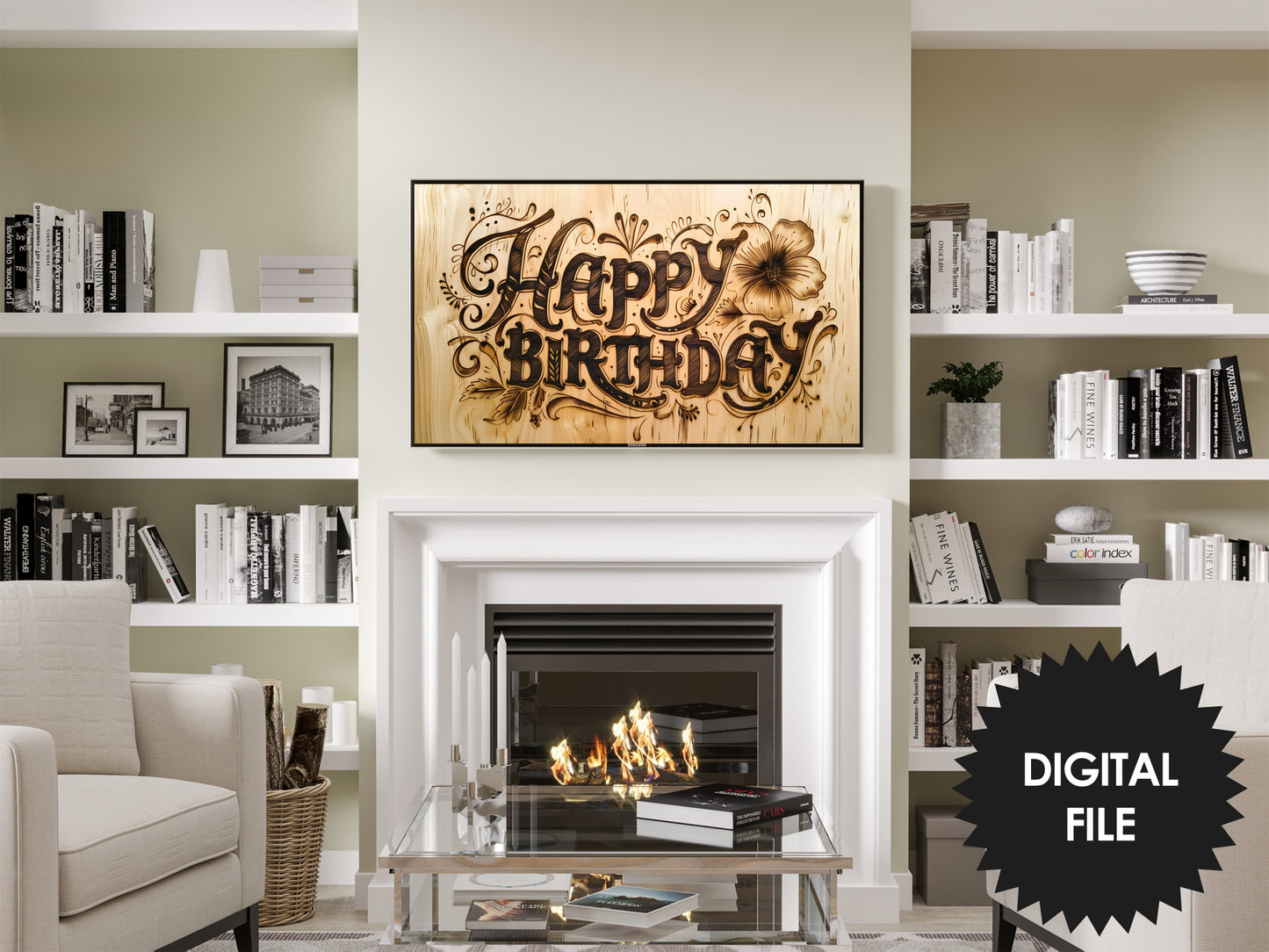 Samsung Frame TV Art | Happy Birthday Carved In Wood preview in modern living room