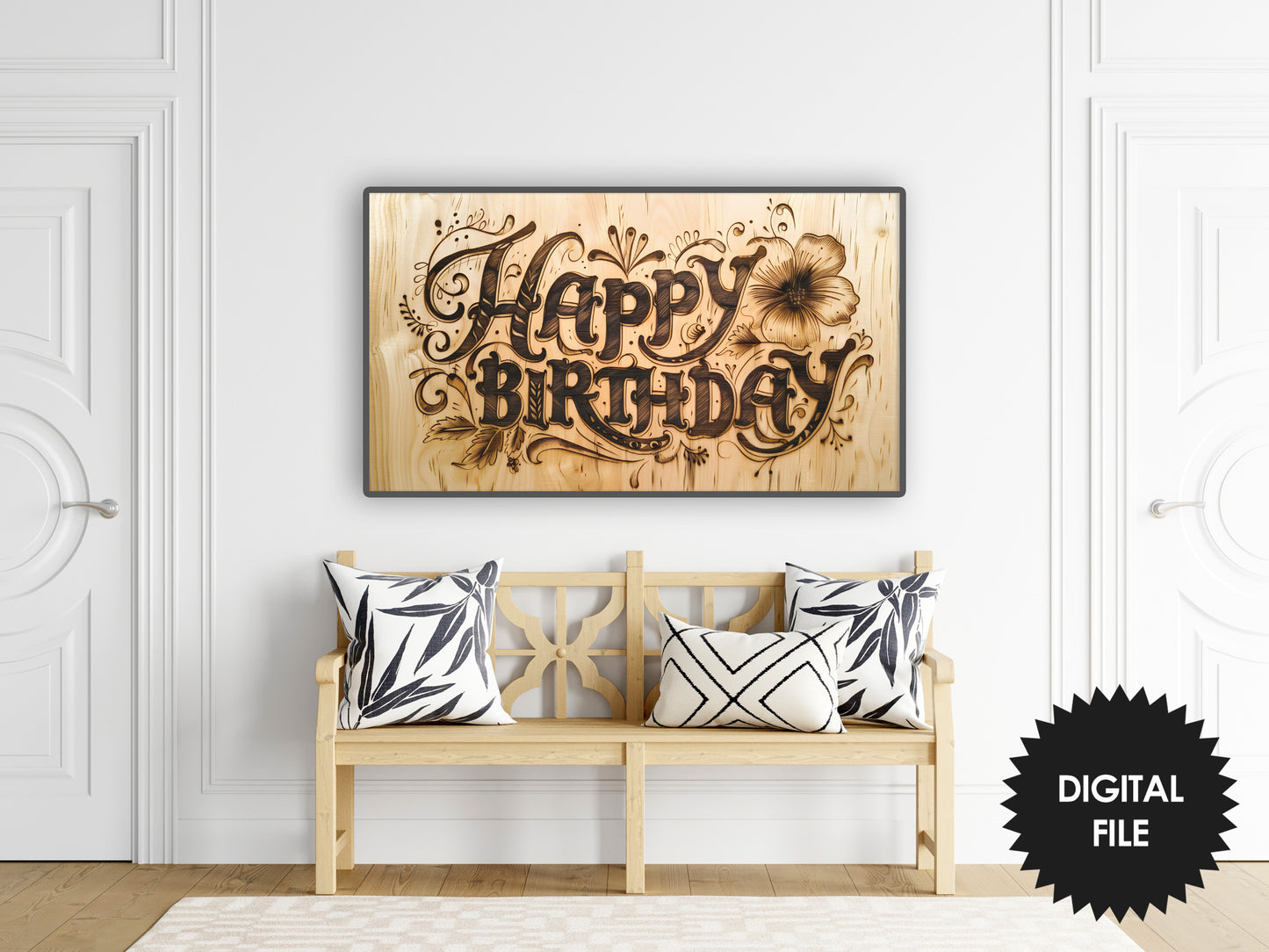 Samsung Frame TV Art | Happy Birthday Carved In Wood preview in rustic ambience