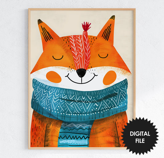 Winter Nursery Wall Art, Happy Fox Winter Print preview